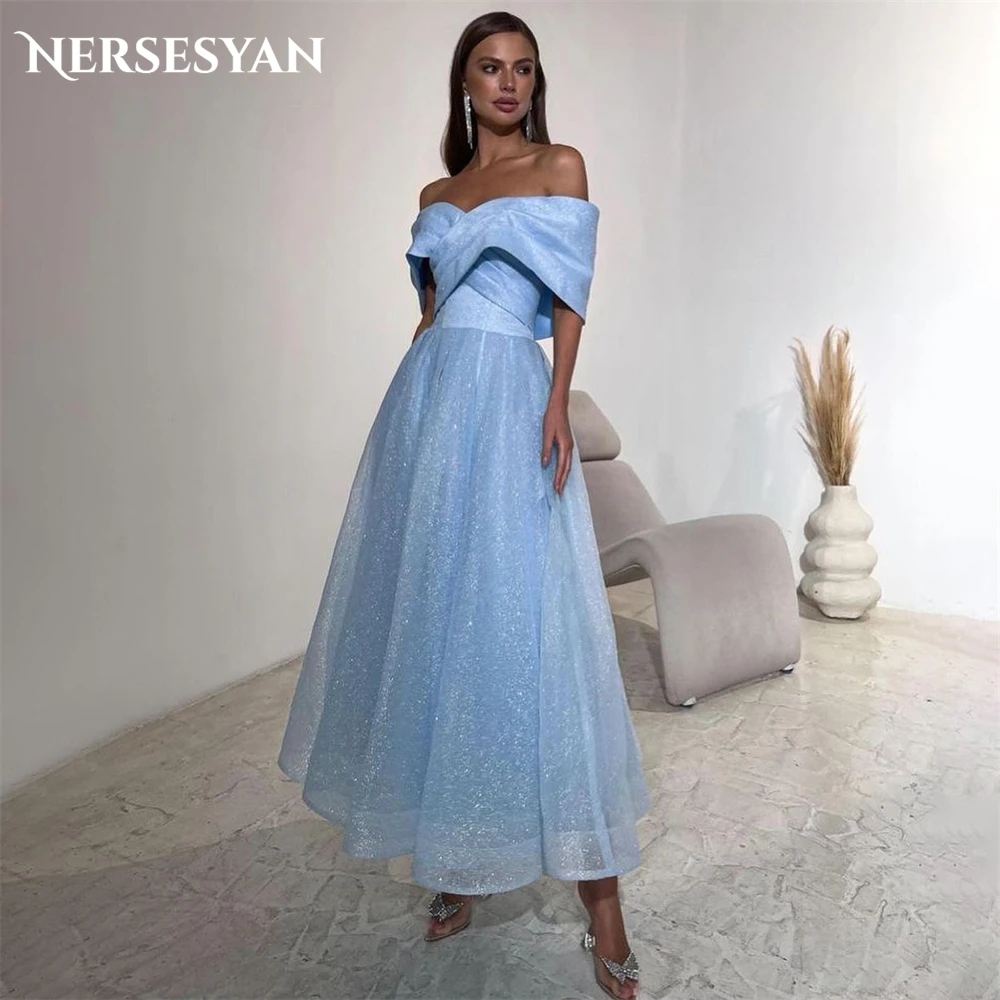 

Nersesyan Sky Blue Glitter Formal Evening Dresses Off Shoulder Ankle Length A-Line Prom Dress Backless Sparkly Party Gowns 2024