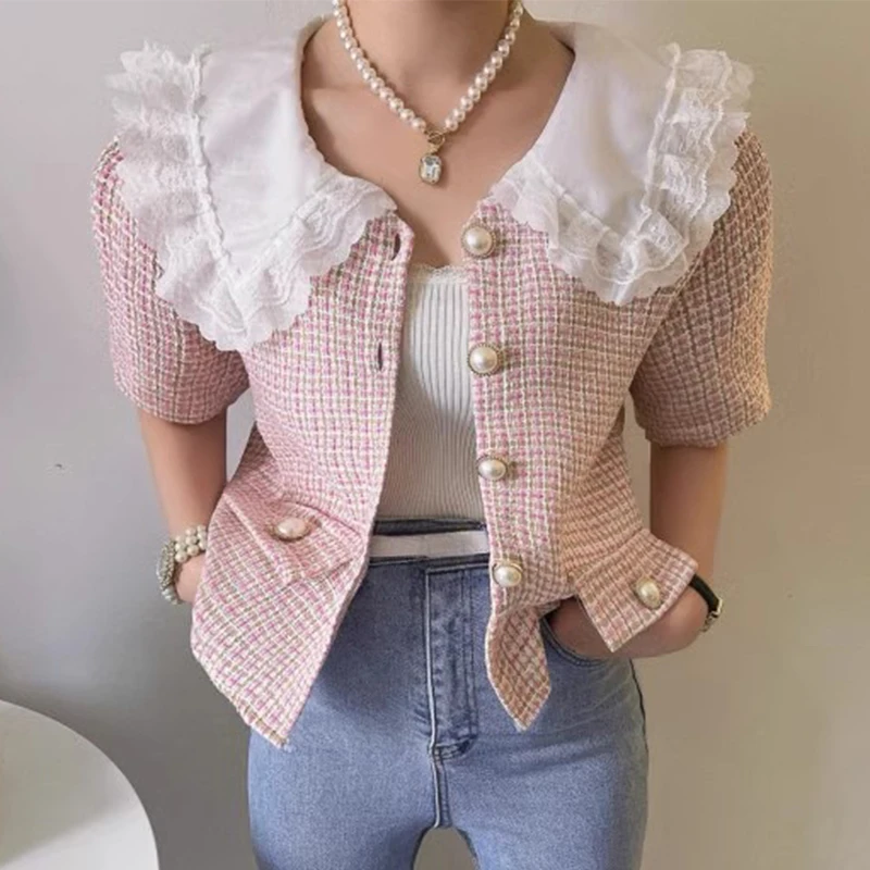 KUSAHIKI Korean Summer Retro Lace Peter Pan Collar Single Breasted Versatile Plaid Short Style Fashion Elegant Jacket for Women