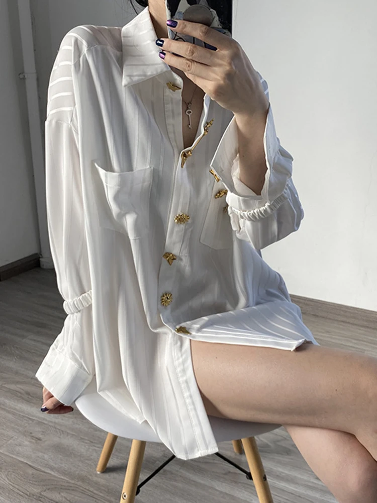 TWOTWINSTYLE Casual Plain Blouses For Women Lapel Long Sleeve Patchwork Diamonds Single Breasted Shirts Female 2022 Clothing New