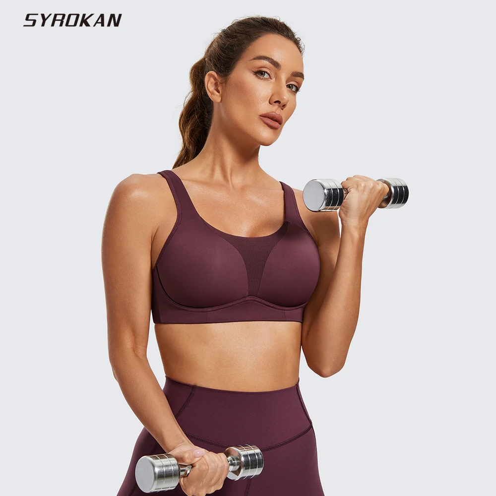 SYROKAN Women's Sports Bra High Impact Padded Wireless Supportive Plus Size Solid Shockproof  Workout Fitness Bras Tops Casual