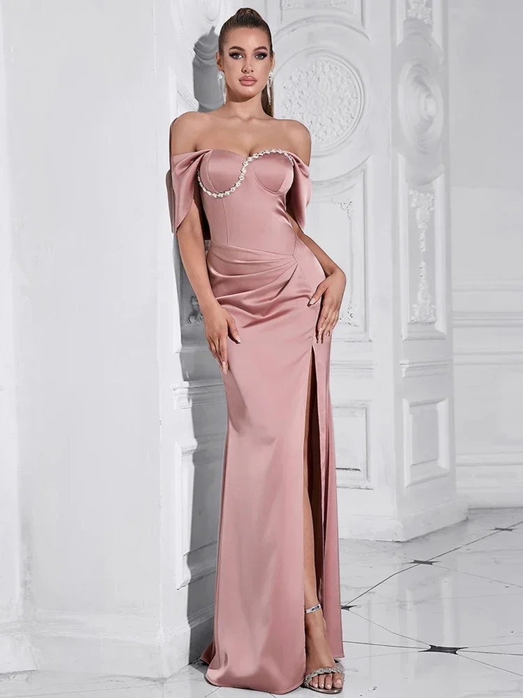 Sexy Off Shoulder Diamonds Pleated Maxi Dresses for Women Sleeveless Ruched High Split Slim Celebrity Club Evening Party Gowns