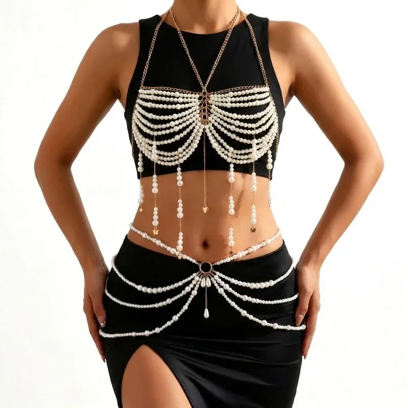Top corto con cadena para el pecho, con perlas, borlas y cuentas, diseño hueco, colgante de corazón de caballito de mar, joyería corporal para mujer, bikini de verano