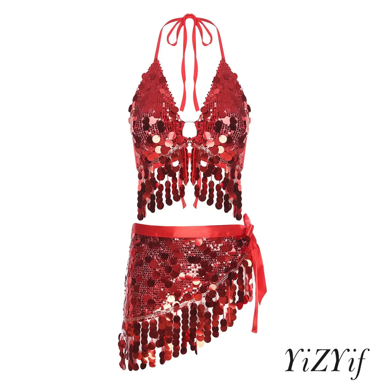 

Women Elegant Belly Dance Wear with Crystal Embellished Crop Top And Adjustable Hip Wrap for Folk Indian Dance Performances