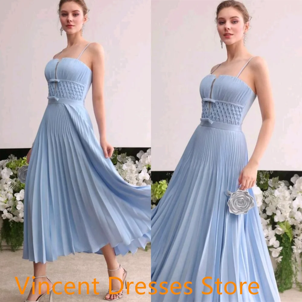 맞춤형 패션 블루 쉬폰 연예인 가운 우아한 Strapless 스파게티 스트랩 보우 셔링 지퍼 백 Vestido De Noche