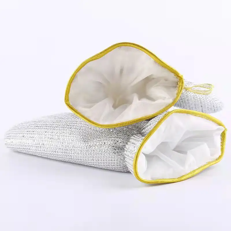 Housework Cleaning Gloves Steel Wire Ball Dishwashing Gloves Waterproof Brush Oil Bowl Artifact Household Cleaning Silver Gloves