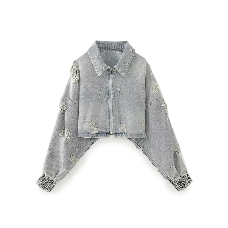 ABRT – Jaqueta jeans feminina desfiada com manga morcego e gola virada para baixo – Casacos de algodão grosso para outono e inverno