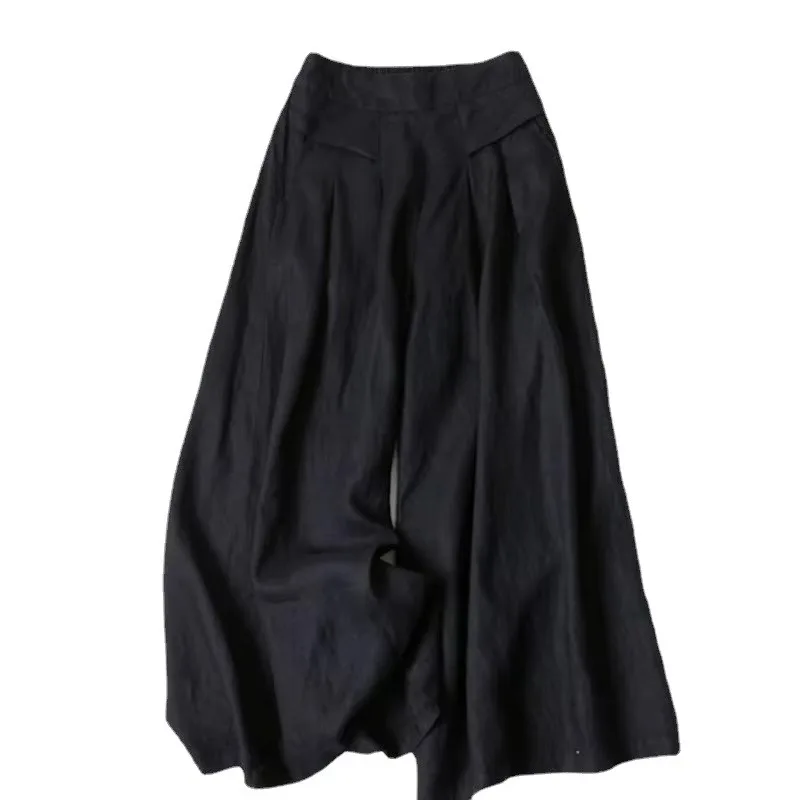 European and American Women's Loose and Falling Semi Elastic High Waisted Thin Style Artistic Cotton and Linen Wide Leg Pants