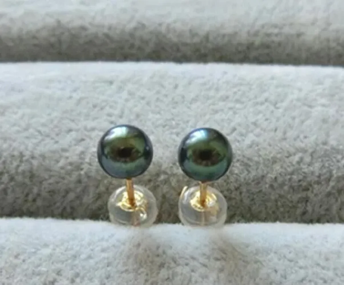 Amazing AAAA 5-4mm Natural Black Green Tahitian Round Pearl Earrings 14k Gold  4/10mm