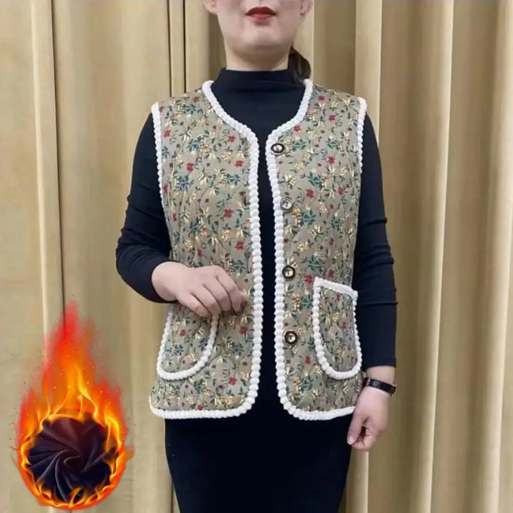 

Winter Waistcoat Stylish Mid-aged Mother Waistcoat V Neck Cardigan with Flower Print Thick Plush Pockets for Fall/winter Soft