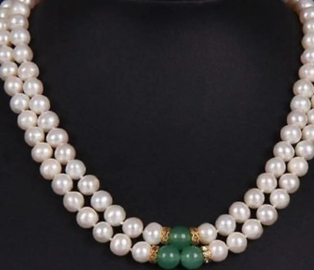 

2row double strands 9-10MM GREEN JADE SOUTH SEA WHITE PEARL NECKLACE