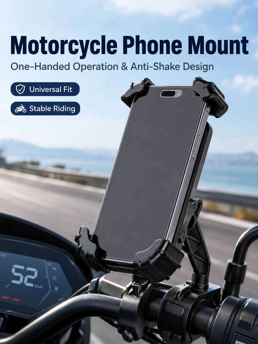 

Motorcycle Phone Mount, One-Handed Anti-Shake Bike Holder, Universal Fit for Electric Scooter & Motorbike
