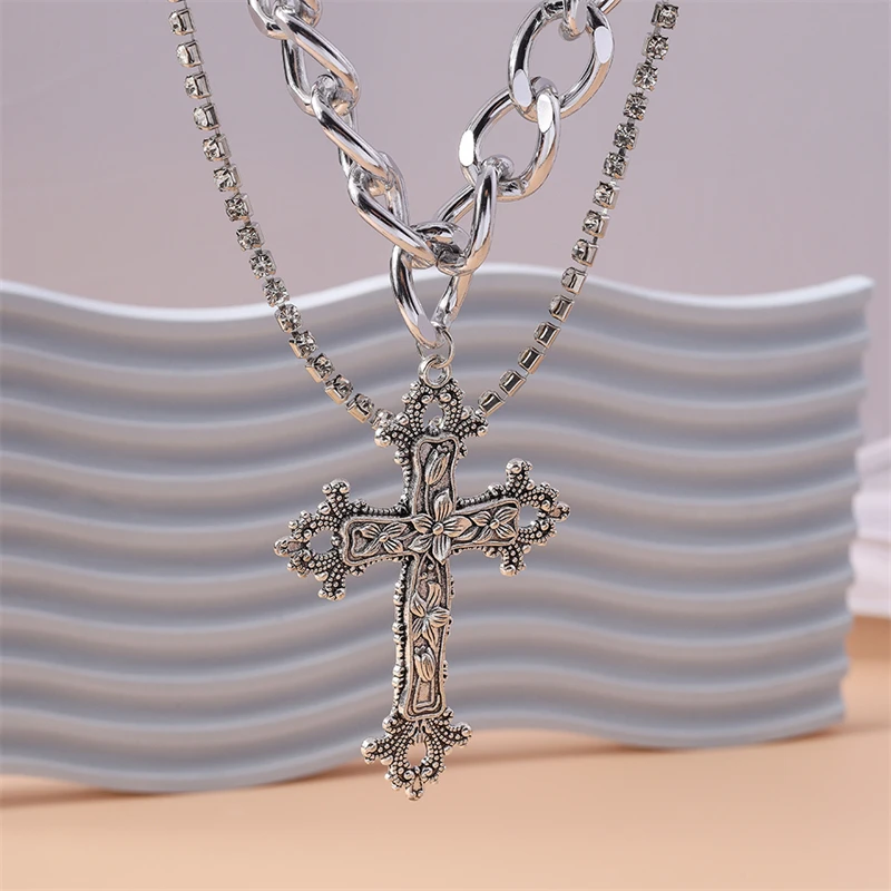 2 Teile/satz Mode Doppel Schichten Halskette für Frauen Gothic Kreuz Anhänger Halskette Mädchen Party Festival Schmuck Geschenke – Detail 5