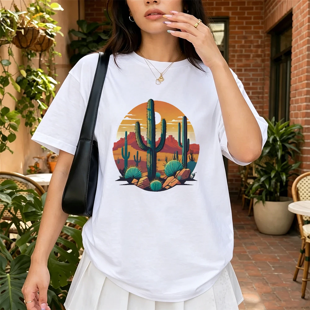 Vibrant Desert Cactus Sunset T Shirt Women Scenic Landscape Print Tee Summer Vacation Top Boho Nature Outfit