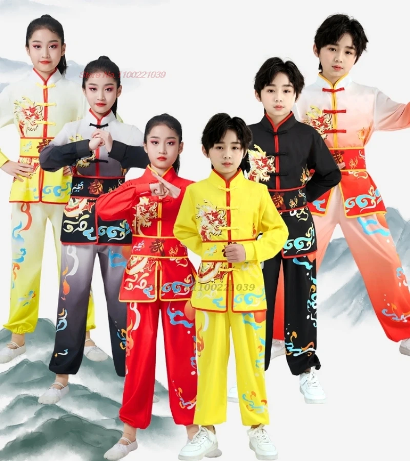 

2024 chinese children wushu shaolin kung fu clothing martial arts uniform dragon print sports training exercise practice set