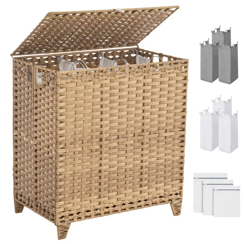 Large Laundry Basket 3 Section with 6 Removable Liner Bags Rattan Laundry Storage Basket for Bathroom Organization