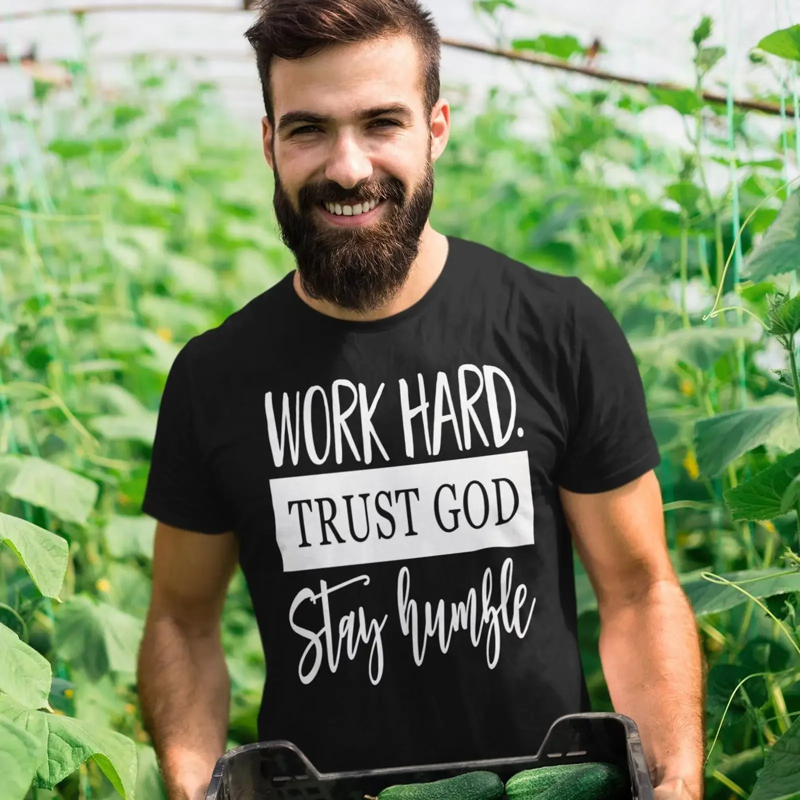 Men's Christian T Shirt Work Hard Trust God Stay Humble Religious Entrepreneur Casual Faith For Him vintage Washed