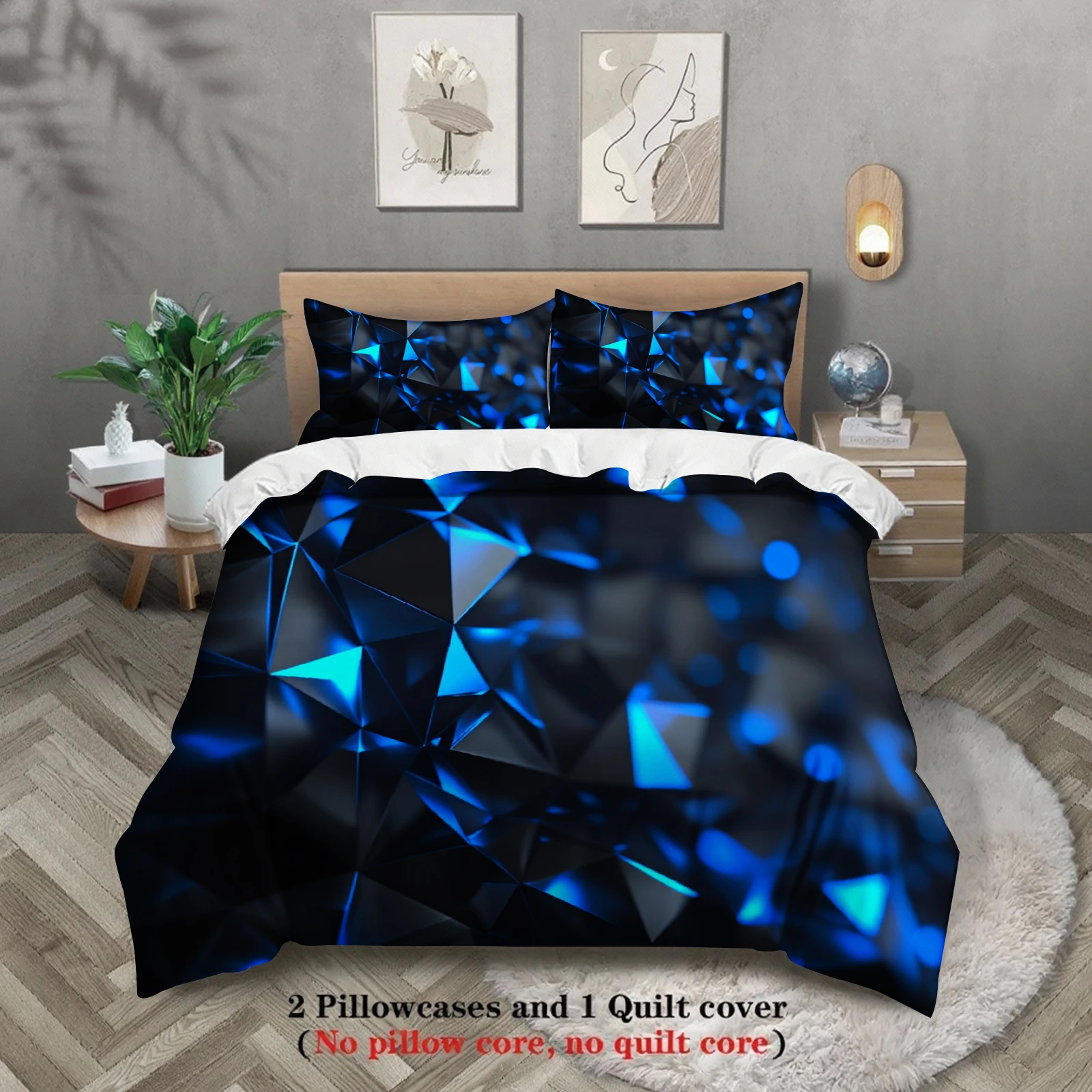 3pcs Geometric Blue Crystal Bedding Sets 3D Printed Abstract Pattern Duvet Cover Sets With Pillowcases No Filling Cool Visual