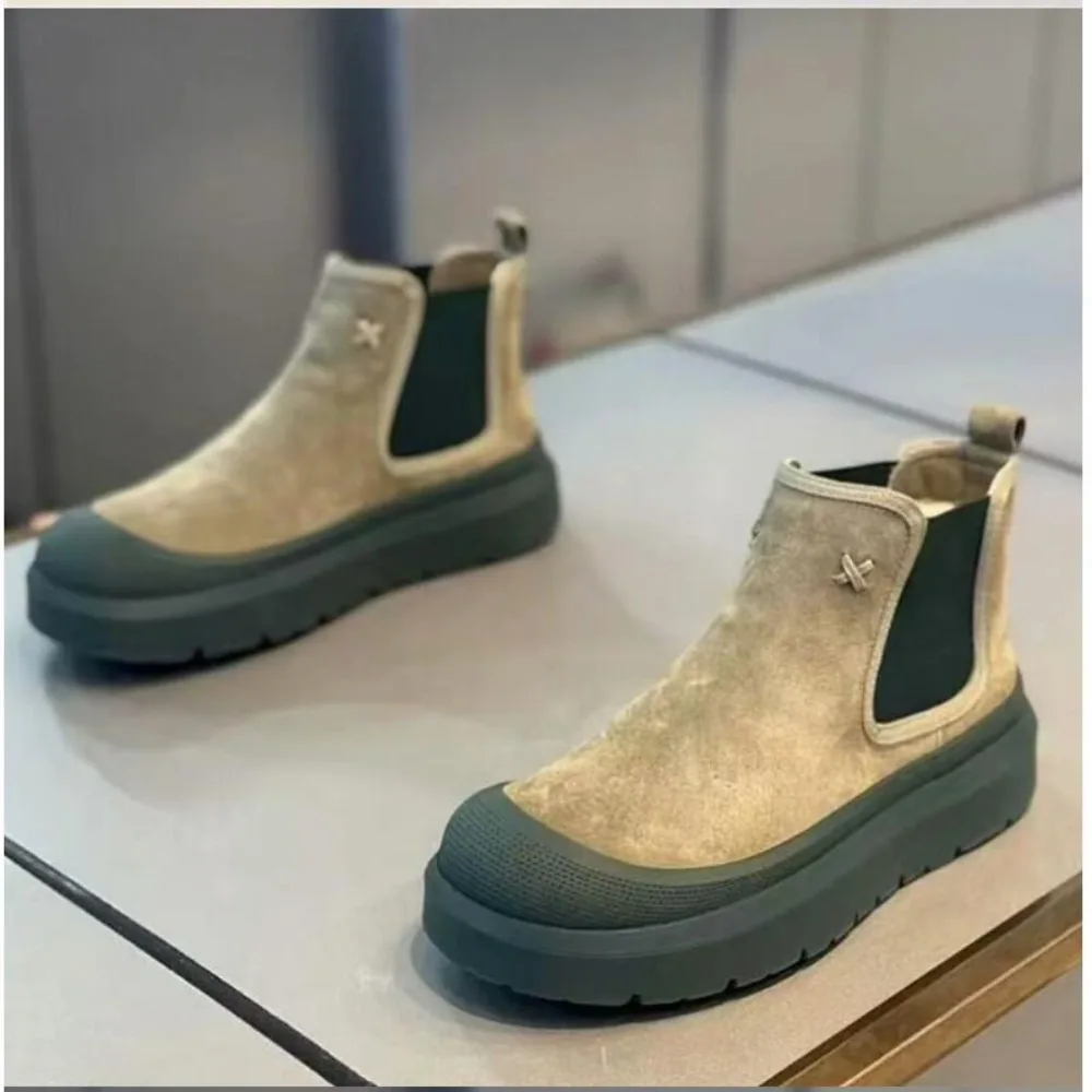 اليدوية جلد طبيعي الرجال الأحذية جولة تو الرجعية سميكة سوليد حذاء من الجلد منصة مسطحة تشيلسي الأحذية 2025 #6