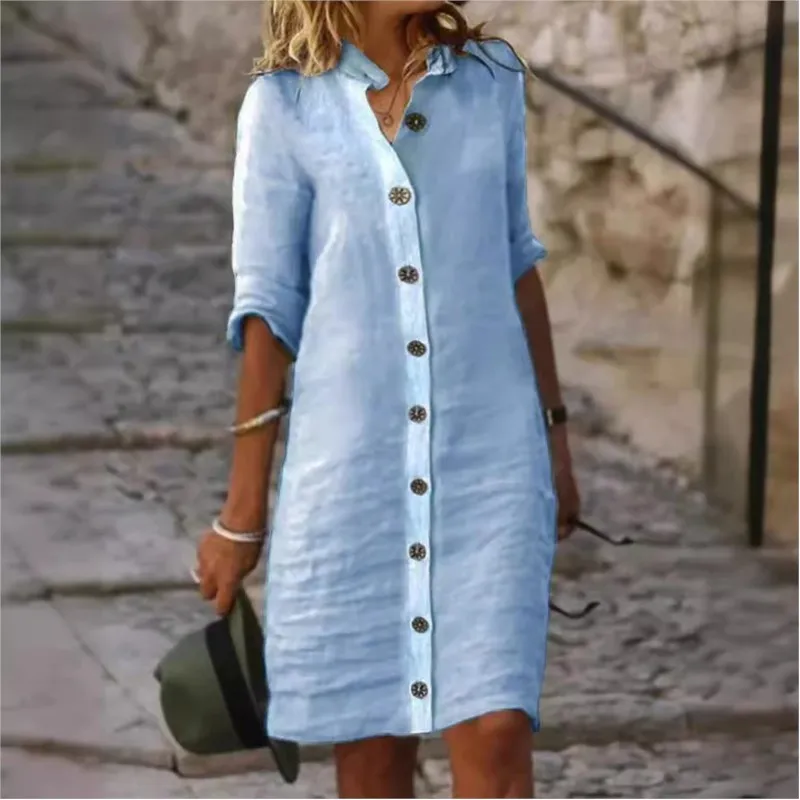 Women's Solid Cotton Linen Mini Shirt Dress Summer New Fashion Single Breasted White Dress Ladies Casual Holiday Vestidos Dress