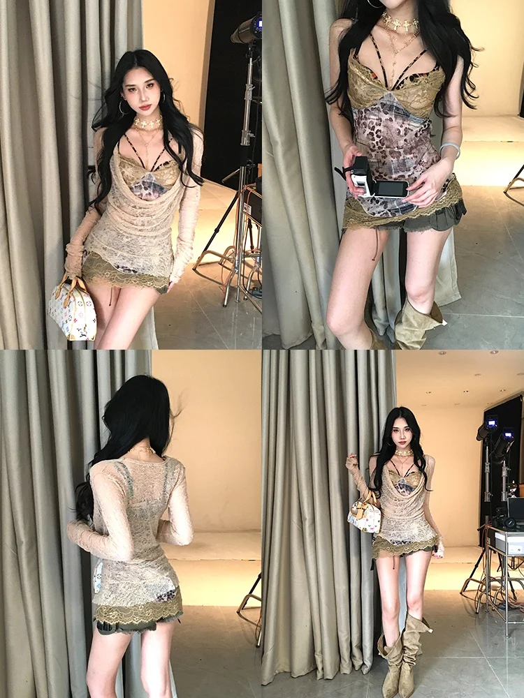 

Легкий кружевной комплект футболок с леопардовым принтом PRO83 Millennium Girl, винтажная ажурная накидка, повседневная защита от солнца