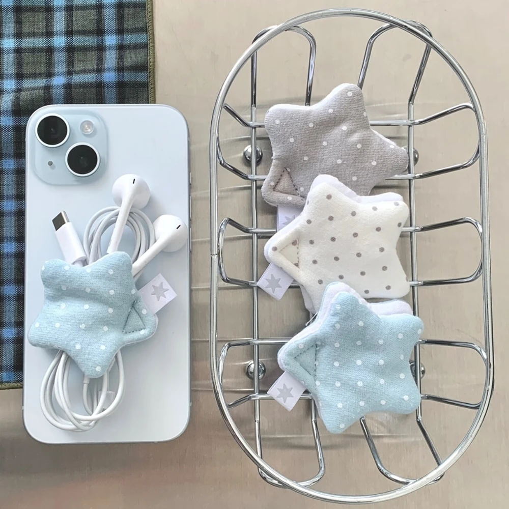 Y2k Japanese Earphone Decoration Accessories Handmade Fabric Star Wave Point Earphone Storage Bag Data Cable Organizer