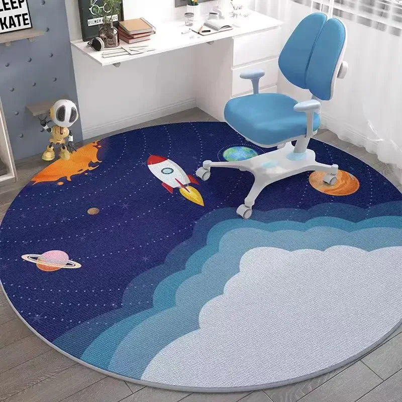 Space Exploration Circular Rug – Astronaut & Planet Design Anti-Slip Mat for Kids Room, Playful Home Decor
