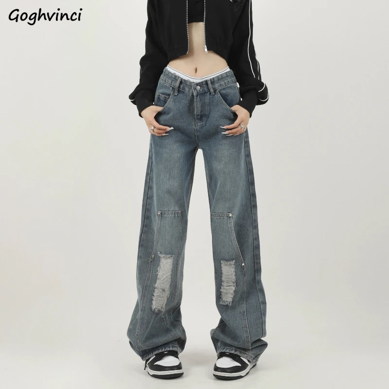 

Jeans for Women Loose Fit Chic Floor-length Hole Design Unique Washed Vintage Streetwear Ins Wide Leg Trousers Summer Ulzzang