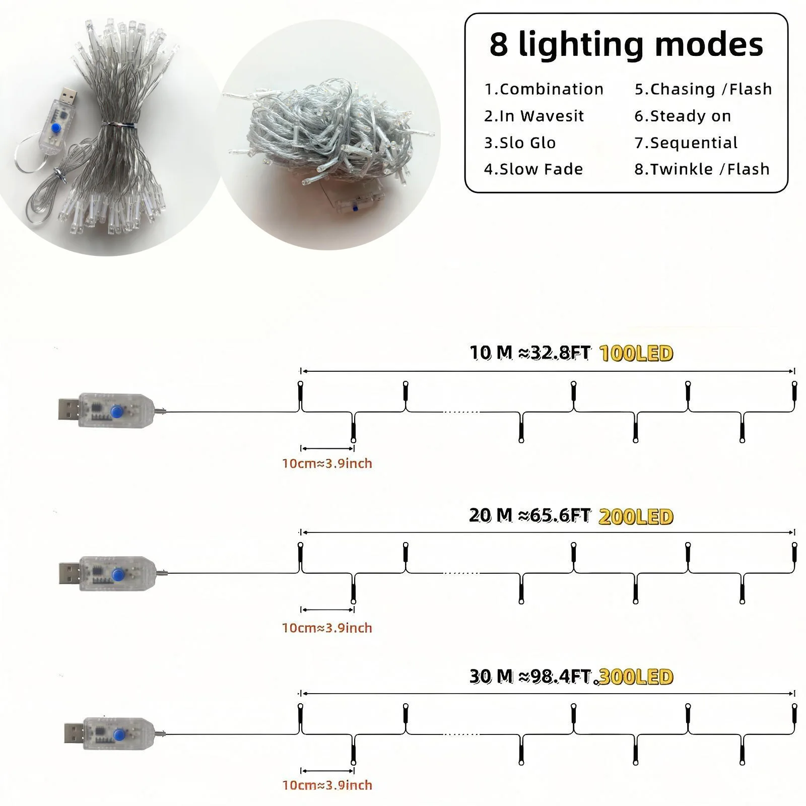 1 Piece 100Led/200Led USB Power Supply, 8 Function Flashing Led String |   Indoor and Outdoor Decoration Multi-Purpose |   Energy Saving and Flexible Fairy Lights |   Ideal for Christmas, Halloween, and Wedding |   Warm Light Atmosphere Lighting, Holiday Decoration |   Warm Lighting |   Decorative Lights