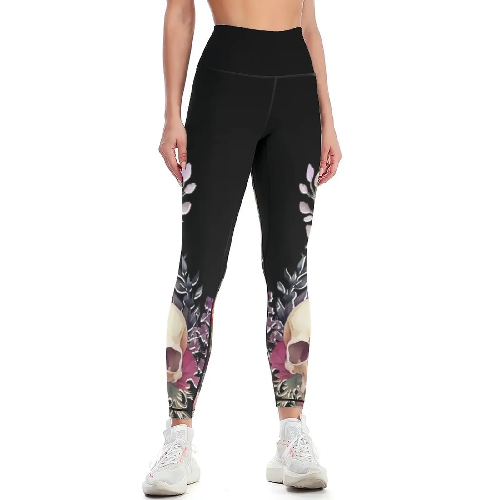 

Whimsical Floral Delight Around a Skull - Black Leggings Female legging pants gym pants Women sports Womens Leggings