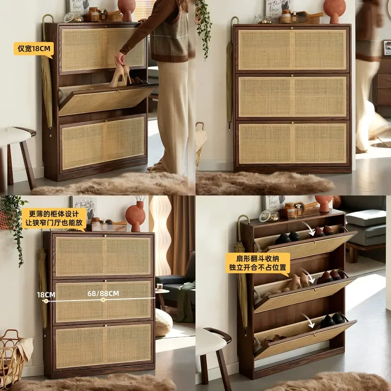 Nordic Solid Wood Shoe Cabinet Rattan Tipping Bucket Locker Ultra Thin Storage Rack for Small Apartment Household Log Style