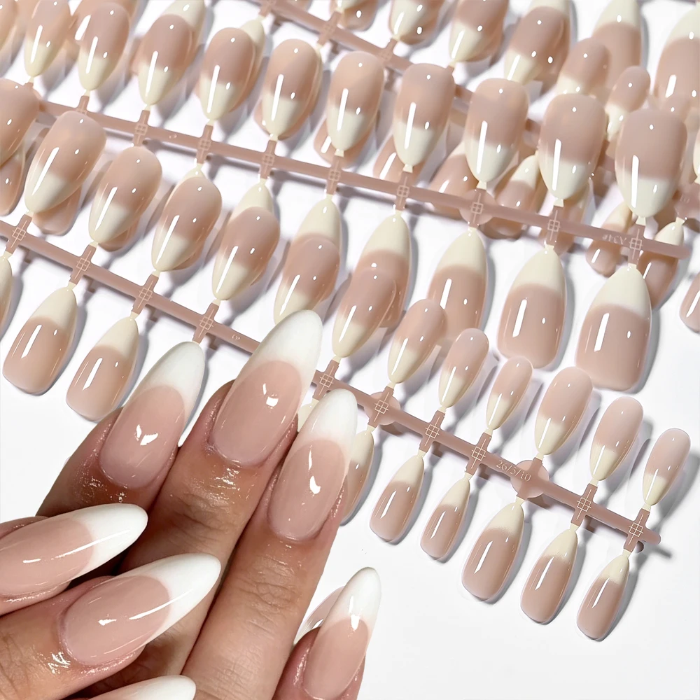 150Pcs Natural Ice-Nude French Press On Nails Pink White Gradient Almond Fake Nail Tips Full Cover Gel Naked False Nail Patches#