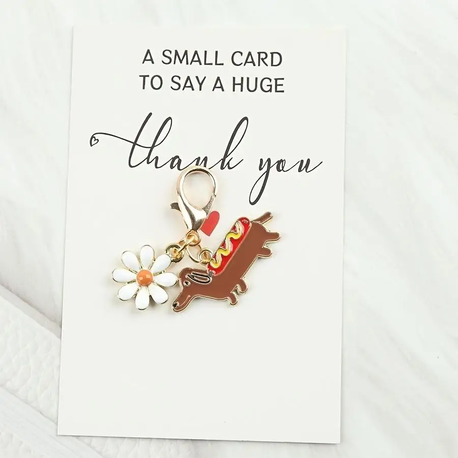 1/5/10/20/50/100pcs /s/s 2D Cute Dachshund Daisy Flower Keychain, with a Thank You Card, Creative Pet Dog Car Pendant, Sausage D