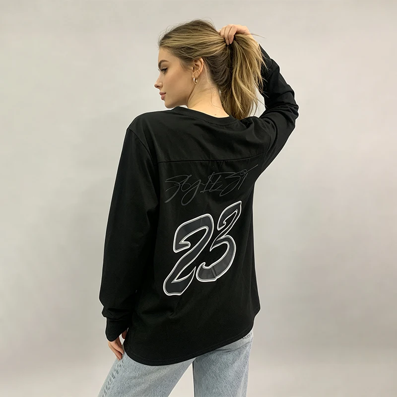 Black White Long Sleeve T-Shirt Women Embroidered Signature Letter Print Cotton Casual Basic Streetwear Vintage Top