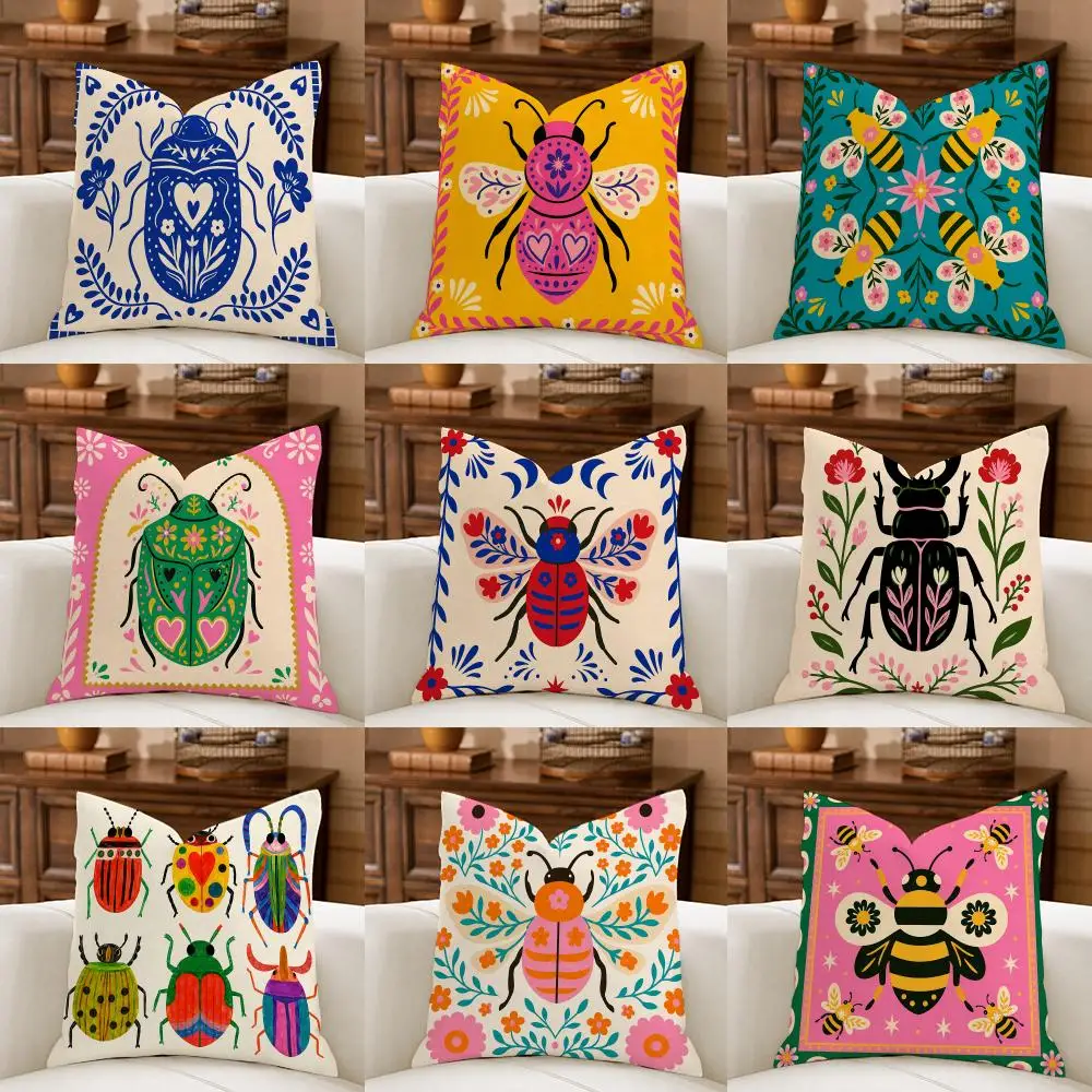 Vibrant Folk Art Beetle Cushion Cover Natural Breathable Durable Linen Printed Decor Pillow Case Sofa Bedroom