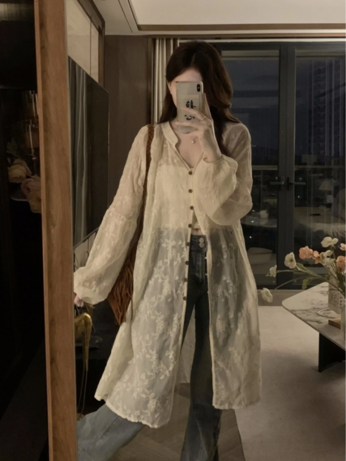 เสื้อคลุมกันแดดผ้าลูกไม้ยาวทรงหลวมสำหรับฤดูร้อน เสื้อคลุมแอร์ผู้หญิง เสื้อคลุมบางเบา