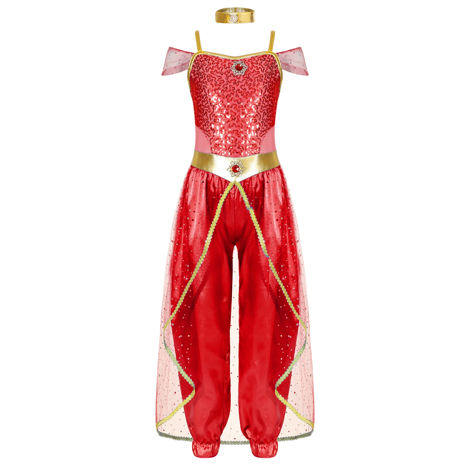 Children Girls Halloween Theme Party Arabian Princess Cosplay Costume Belly Dance Clothes Shiny Sequins Jumpsuit with Choker