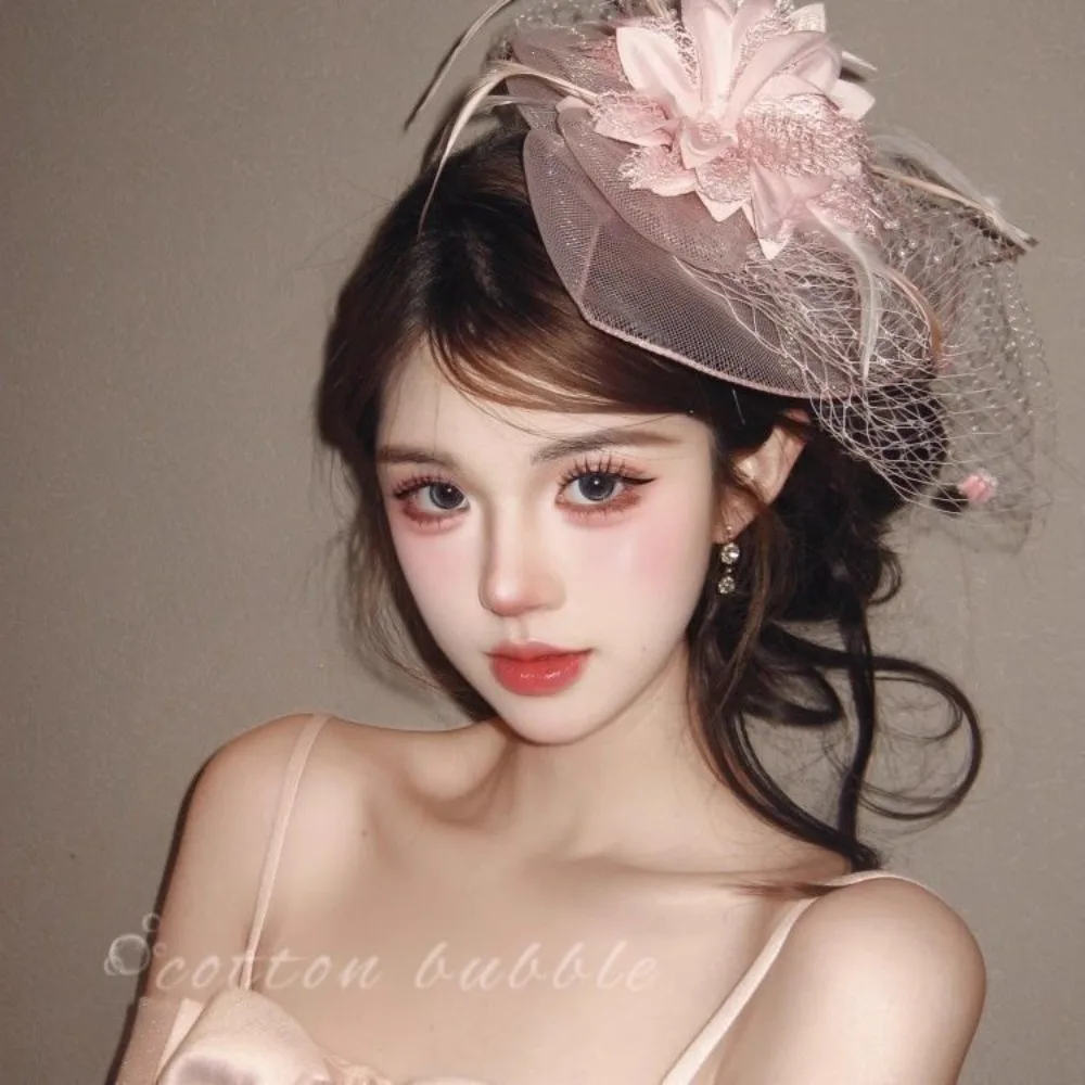 

French Style Nobility Pink Tulle Fascinator, Elegant High-Grade Hair Accessories, Luxury Banquet Bride Headwear with Veil