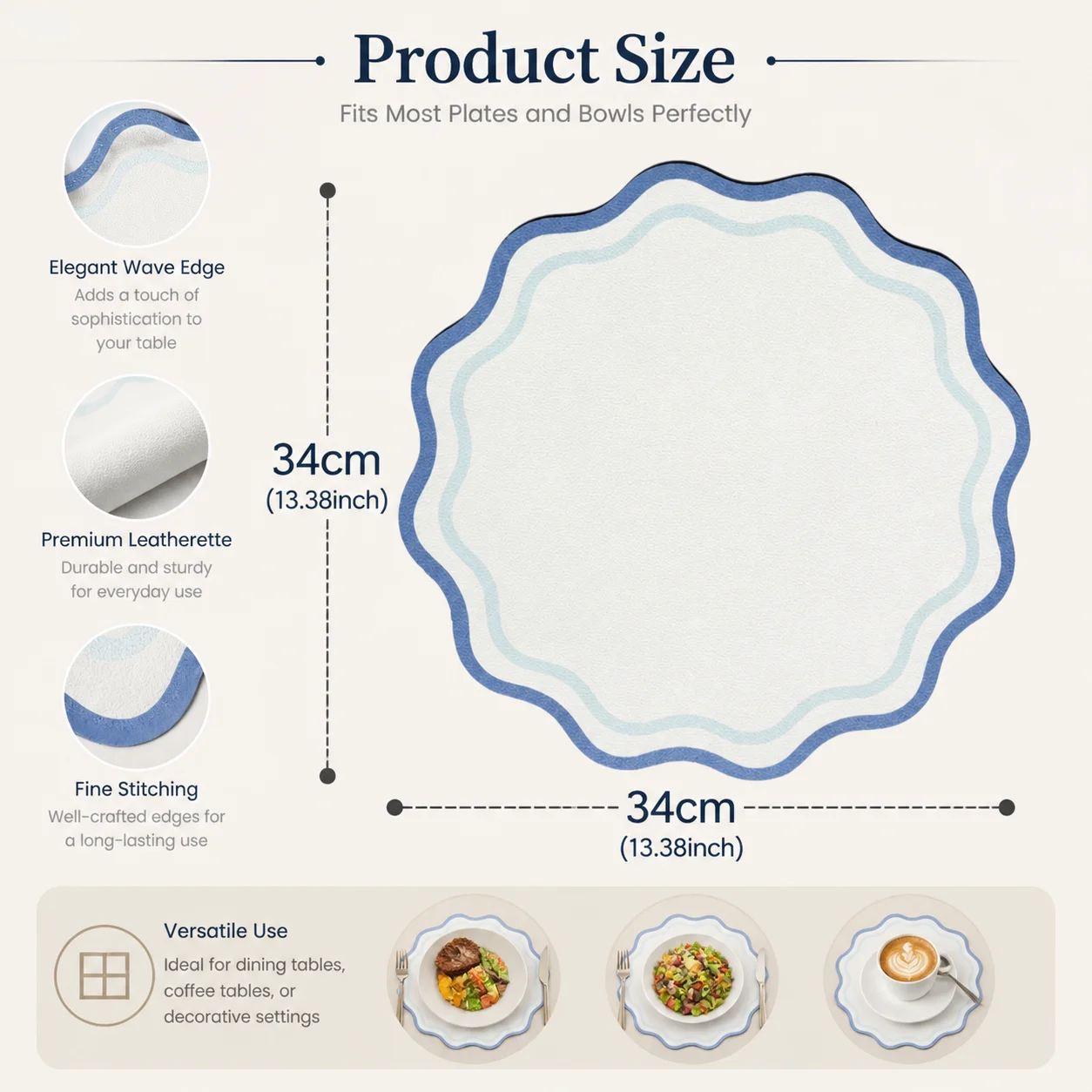 2/4/6pcs Litchi PU Leather Placemats with Scallop Edges, Heat-Resistant Non-Slip Placemats, Home Decorative Placemats