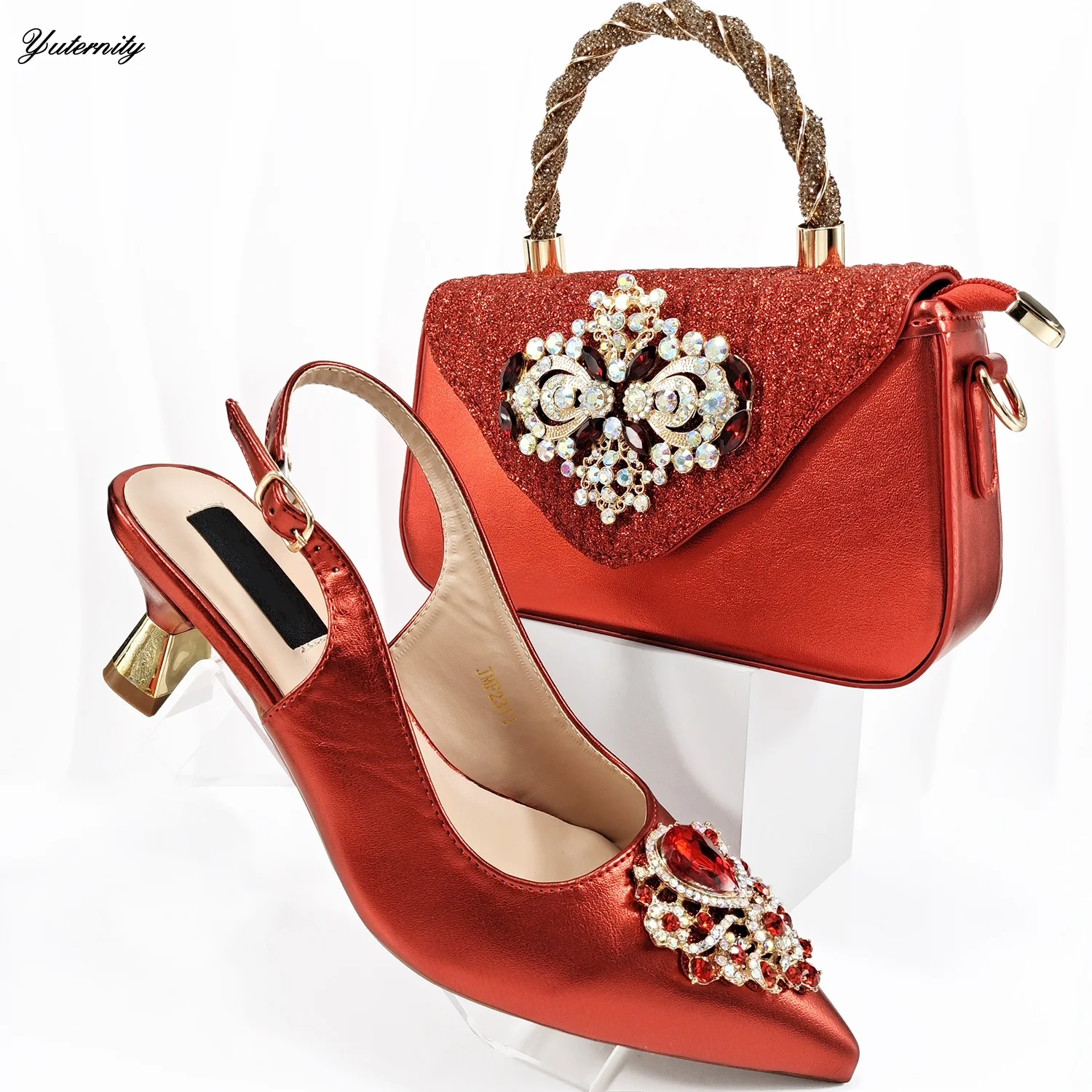 Nigerian Desgin Decorated With Rhinestone Ladies Shoes And Bag African Style Pumps Shoes And Bag Set For Wedding Dress