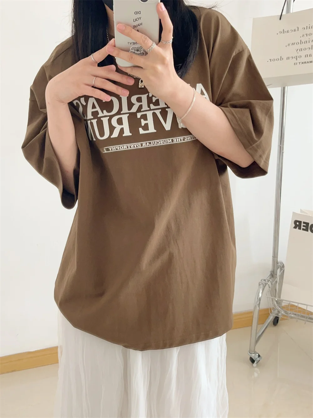 

Aami Dongdaemun Loose Women's T-irt American Letter Print f Sve Casual Versatile ort Sve Cotton round Ne Top