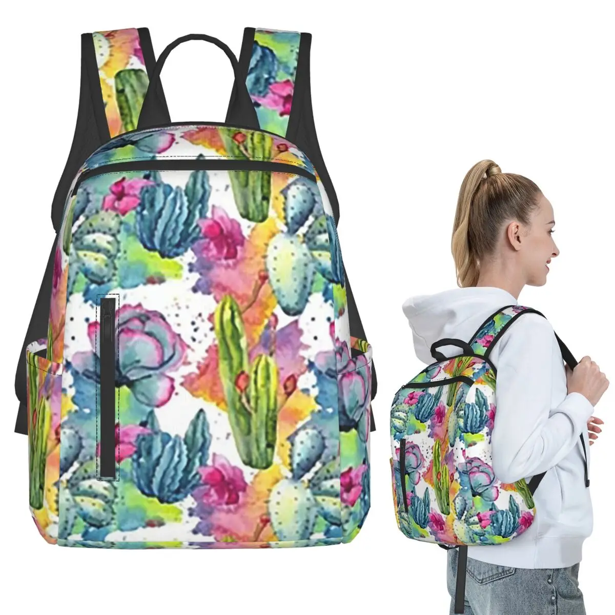 

Exotic Wildflower Cactus Pattern Watercolor Style Stylish Backpack Student BookBag School Bag Computer Shoulder Bags Men Women