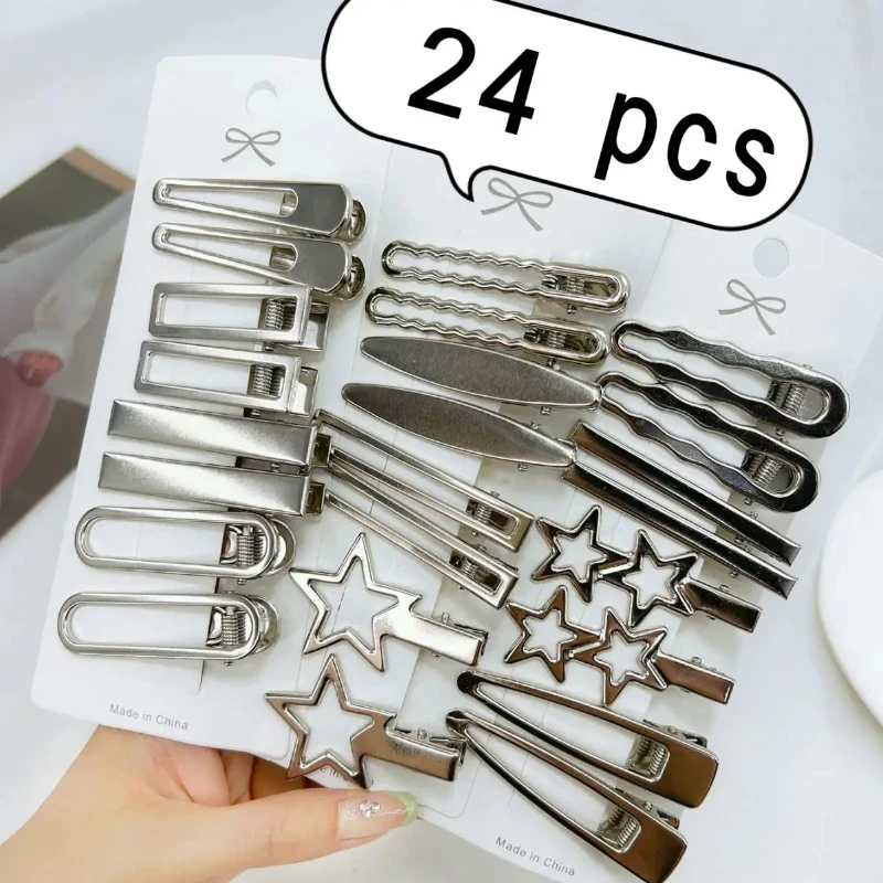 24Pcs Silver Y2k Hair Clips for Women Elegant Metal Duckbill Clip Gilrs Hairpins Side Bangs Barrettes Girls Hair Accessories