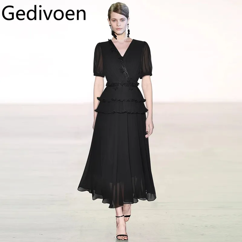 

Gedivoen Summer Women's Ball Gown Dress V-Neck Short-Sleeved High Waiste Beading Edible Tree Fungus Edge Slim Party Dresses