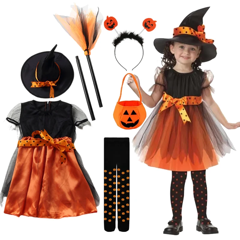 

2025 Girls Halloween Cosplay Kids Children Pumpkin Costume Witch Dress Clothing Set With Hat Bag