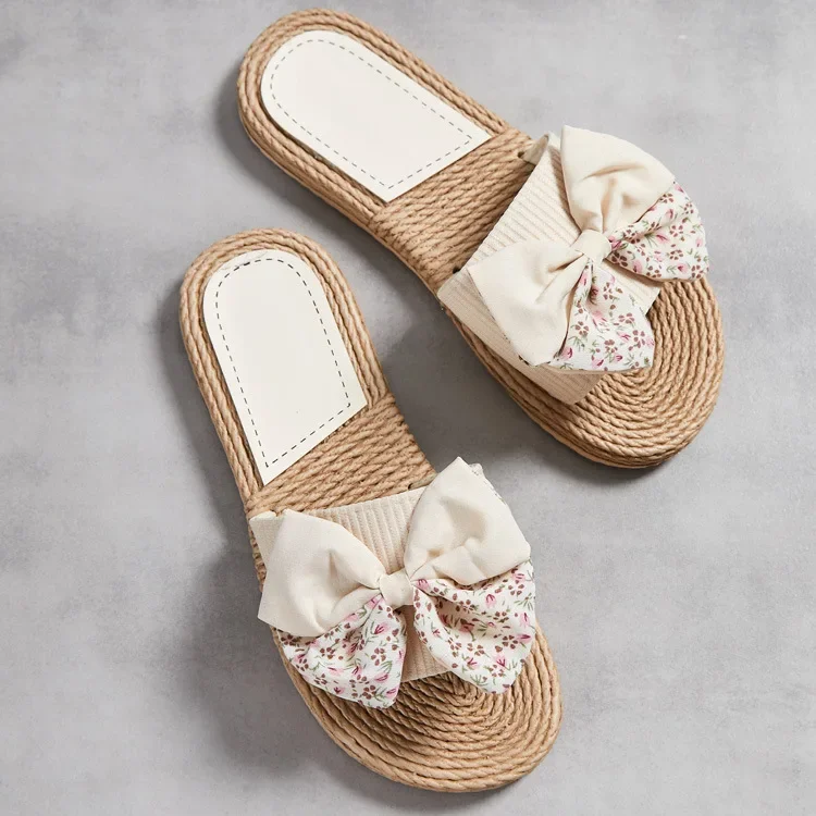 Female Summer Slippers Artificial Straw Sole Shoes Lady Summer Indoor Flat with Flip Flops Stitching Floral Women Slippers