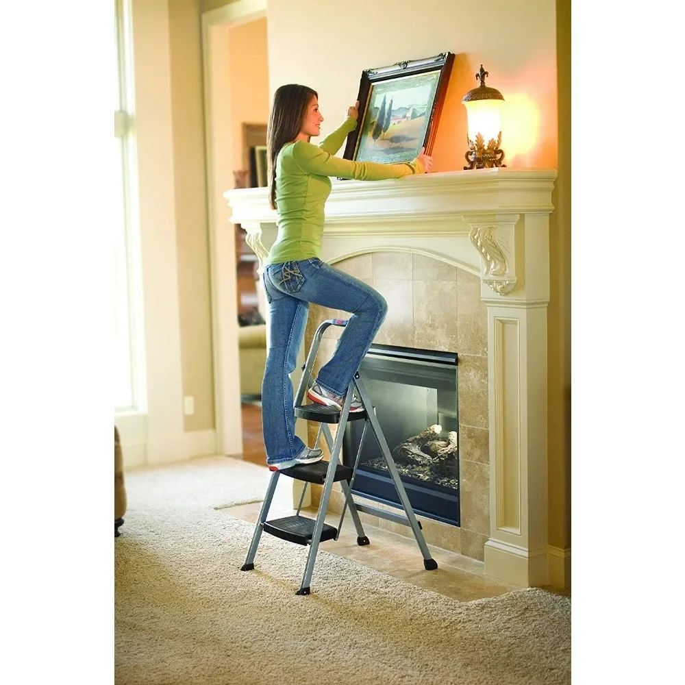 3-Step Steel Ladder,Folding Step Stool with Hand Grip and Non-Slip Feet, Silver, No Assembly Required