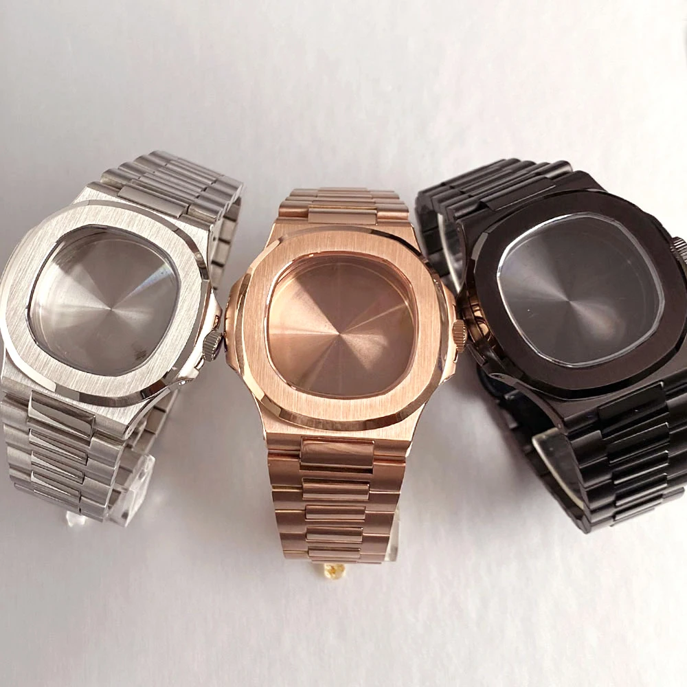

For "Nautilus" Style Series Silver Black Rose Gold There Color Sapphire Crystal Glass 100m Waterproof Watch Case Fit NH35A NH36