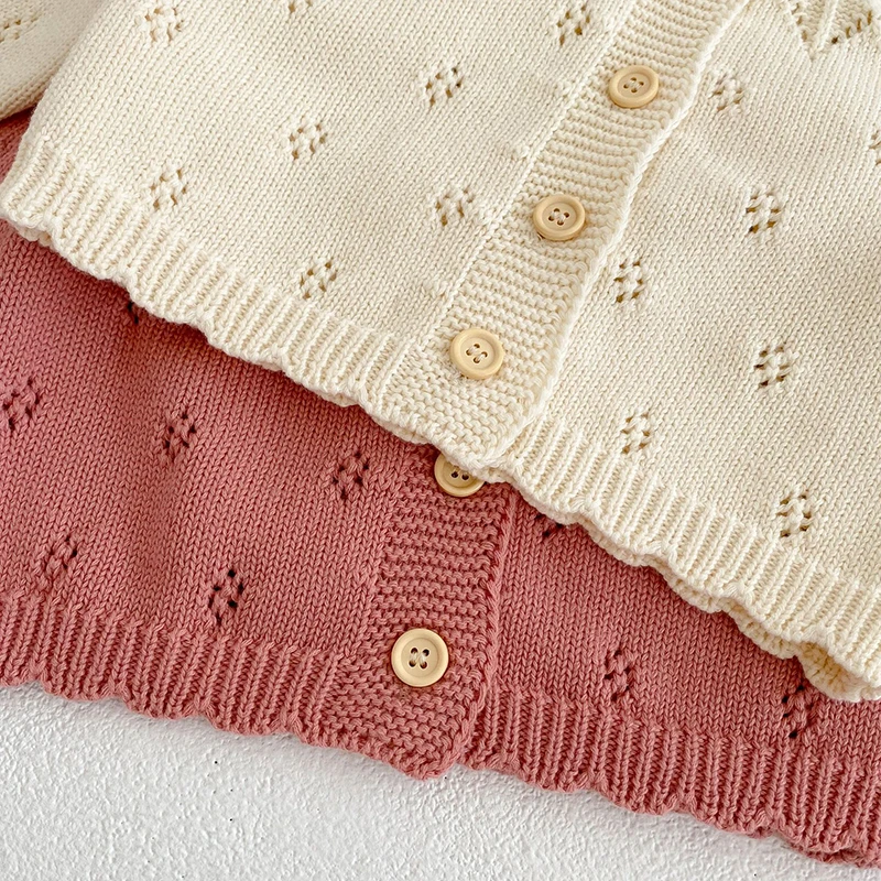 New Infant Baby Girls Knitting Cardigan Long Sleeve Solid Color Hollow Out Autumn Spring Newborn Baby Girls Sweater Coat