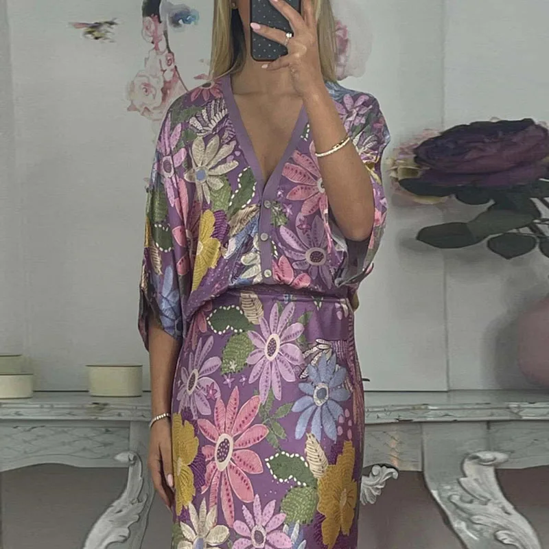 Primavera moda floral impressão cetim duas peças conjunto mulher sexy decote em v botão superior & quadris saia roupa outono meia manga ternos de escritório