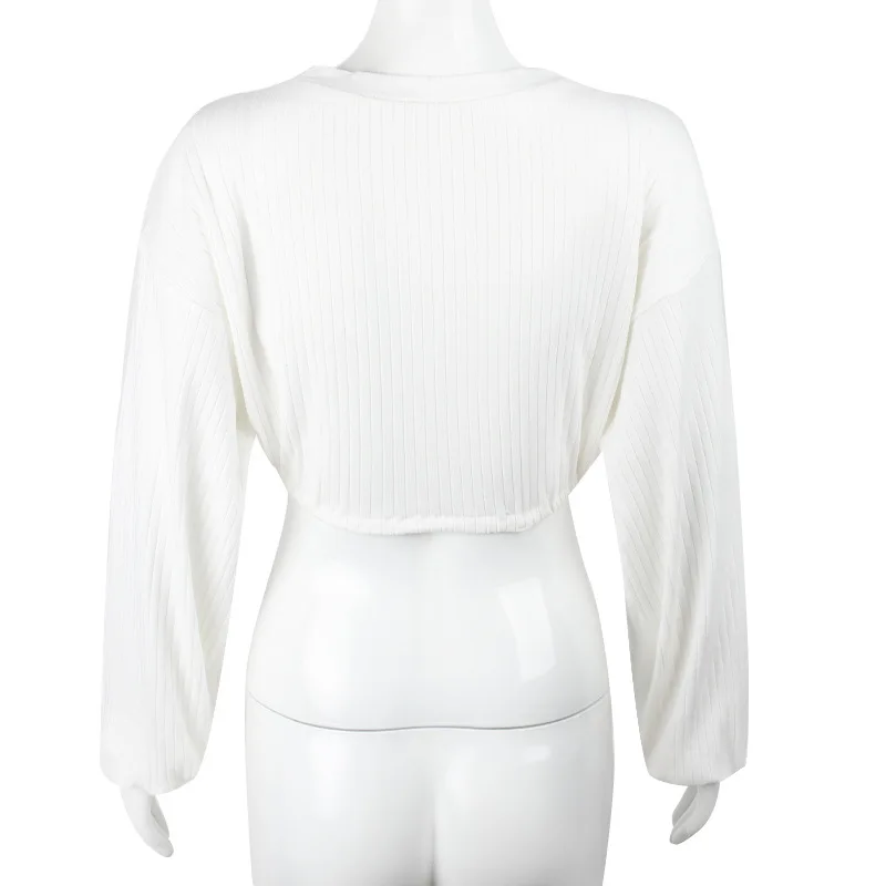 Women Long Sleeve Drawstring Sweatshirt Crop Top Fashion Round Neck Solid Color Tops Clothes for Ladies Female Autumn Spring New